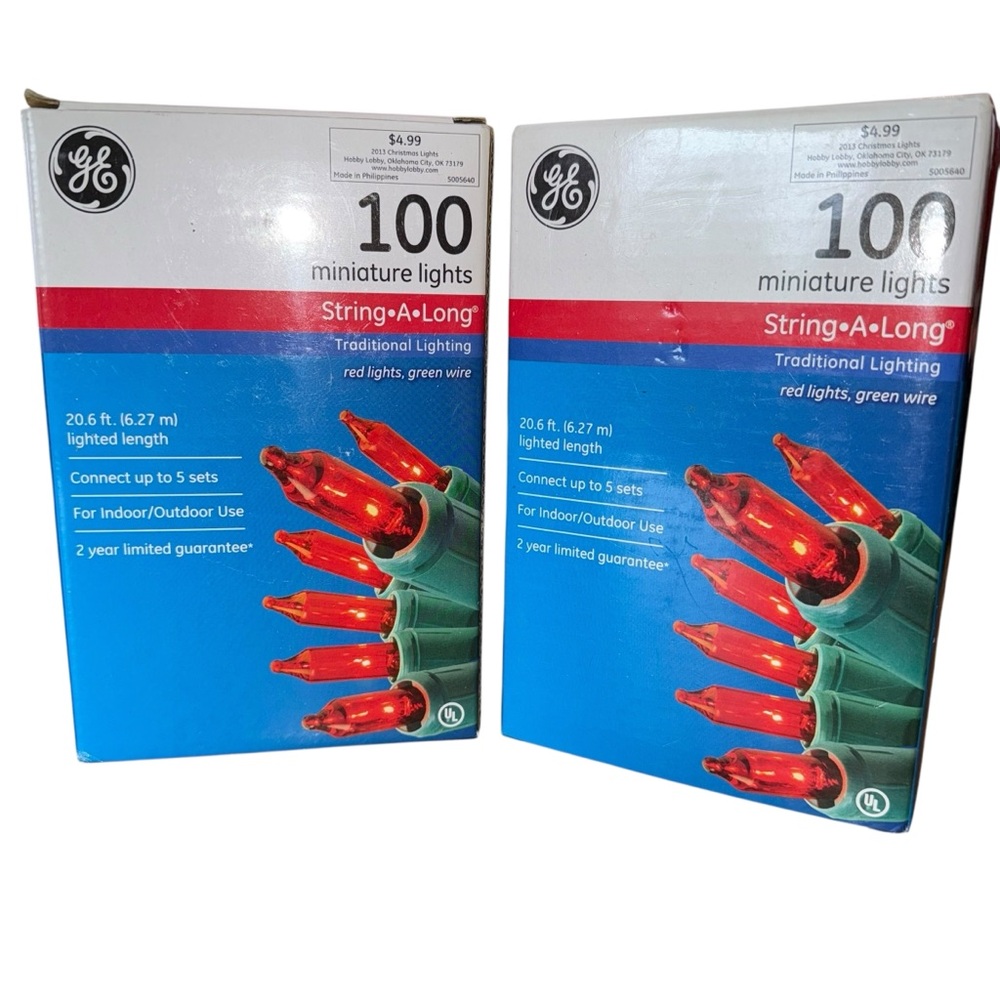 GE 100 Miniature String•A•Long Lights Red With Green Wire 2 Boxes New In Box